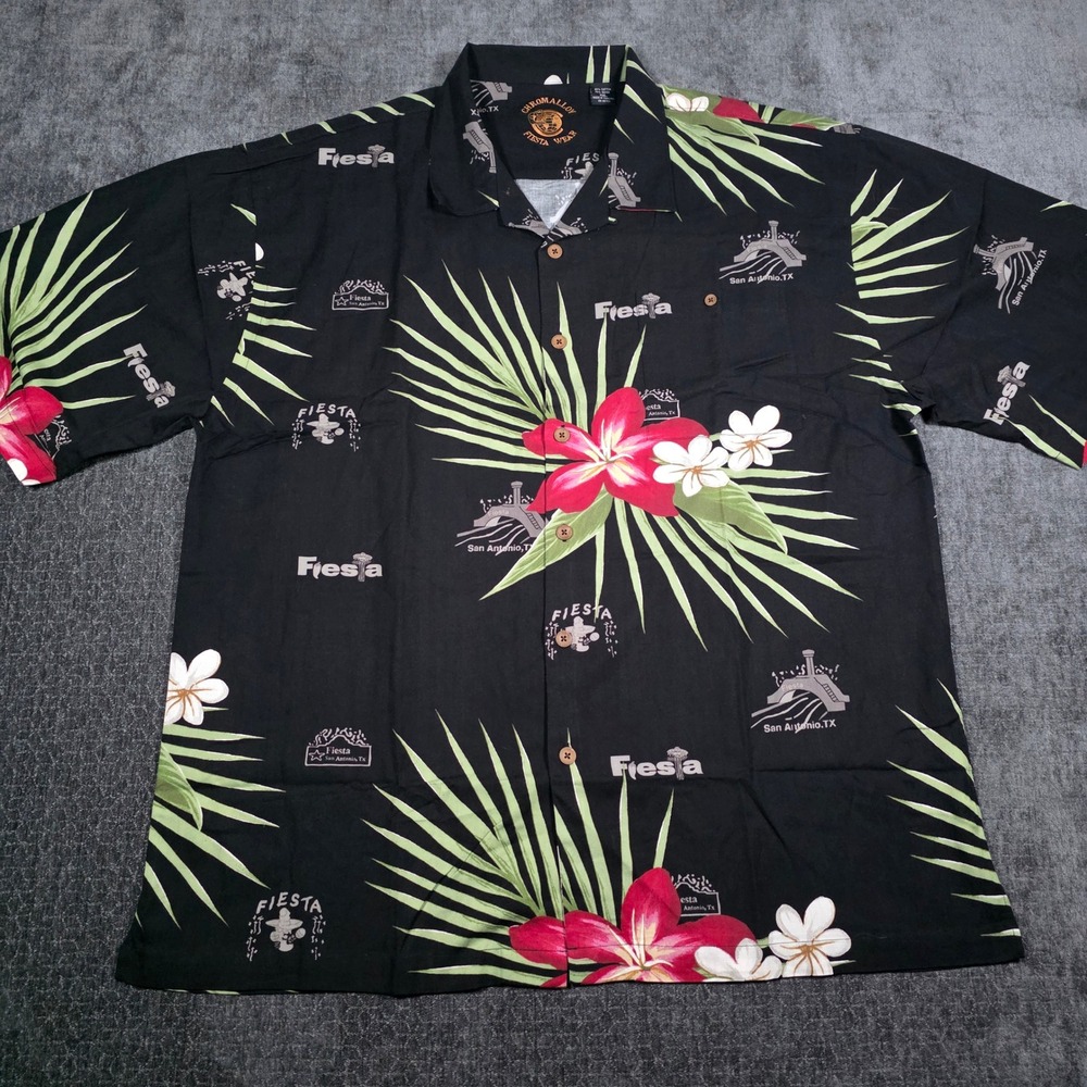 Chromalloy Aloha Hawaiian Shirt Mens XXL 2XL Black Fiesta San Antonio TX Rayon